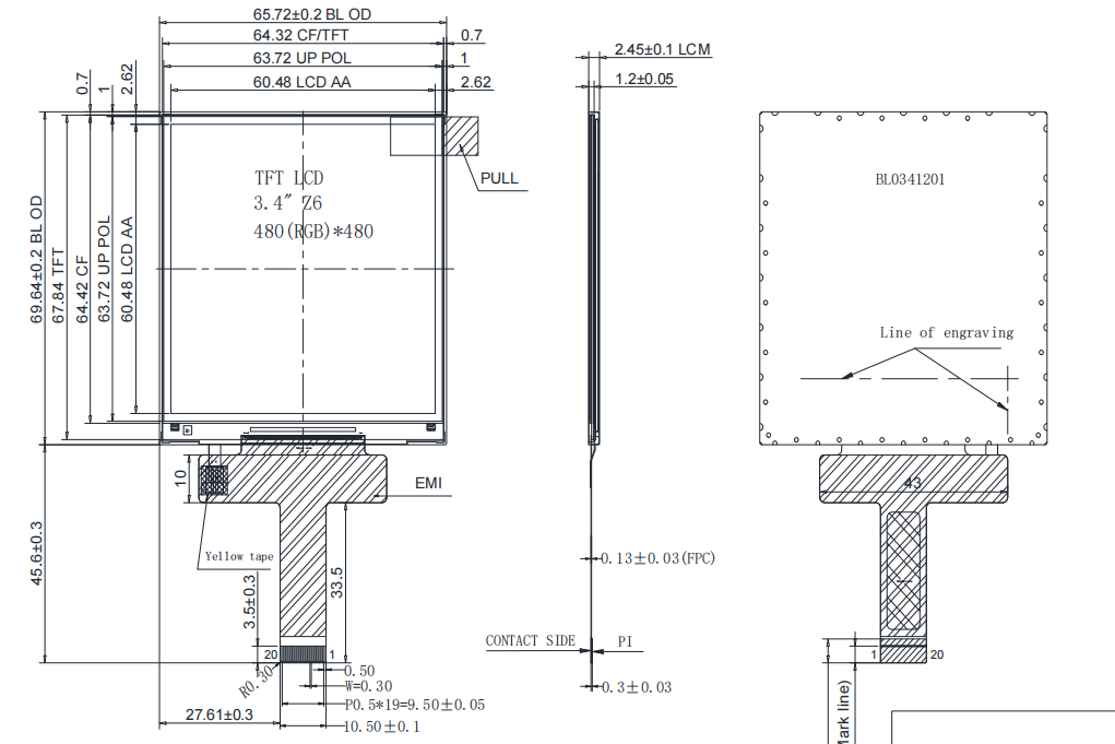 3.4" 480x480 Square TFT LCD Display - MIPI